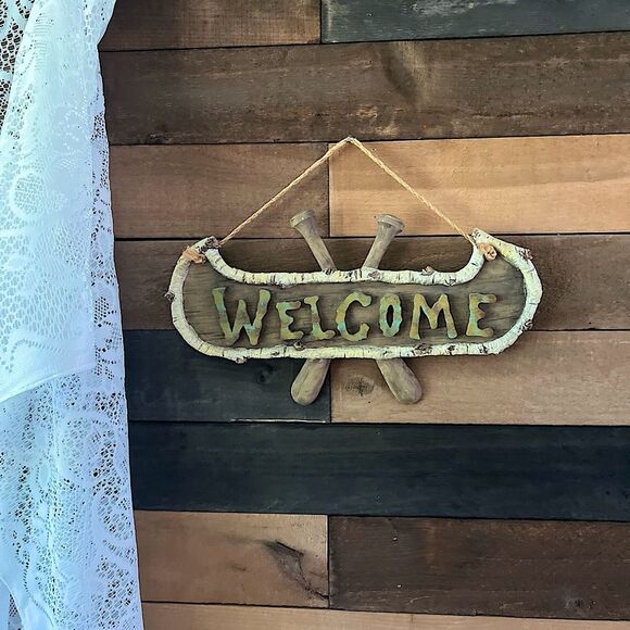 Welcome Sign Birch Wood Style Canoe with Paddles Rustic Lake House Home Decor - Picture 1 of 7
